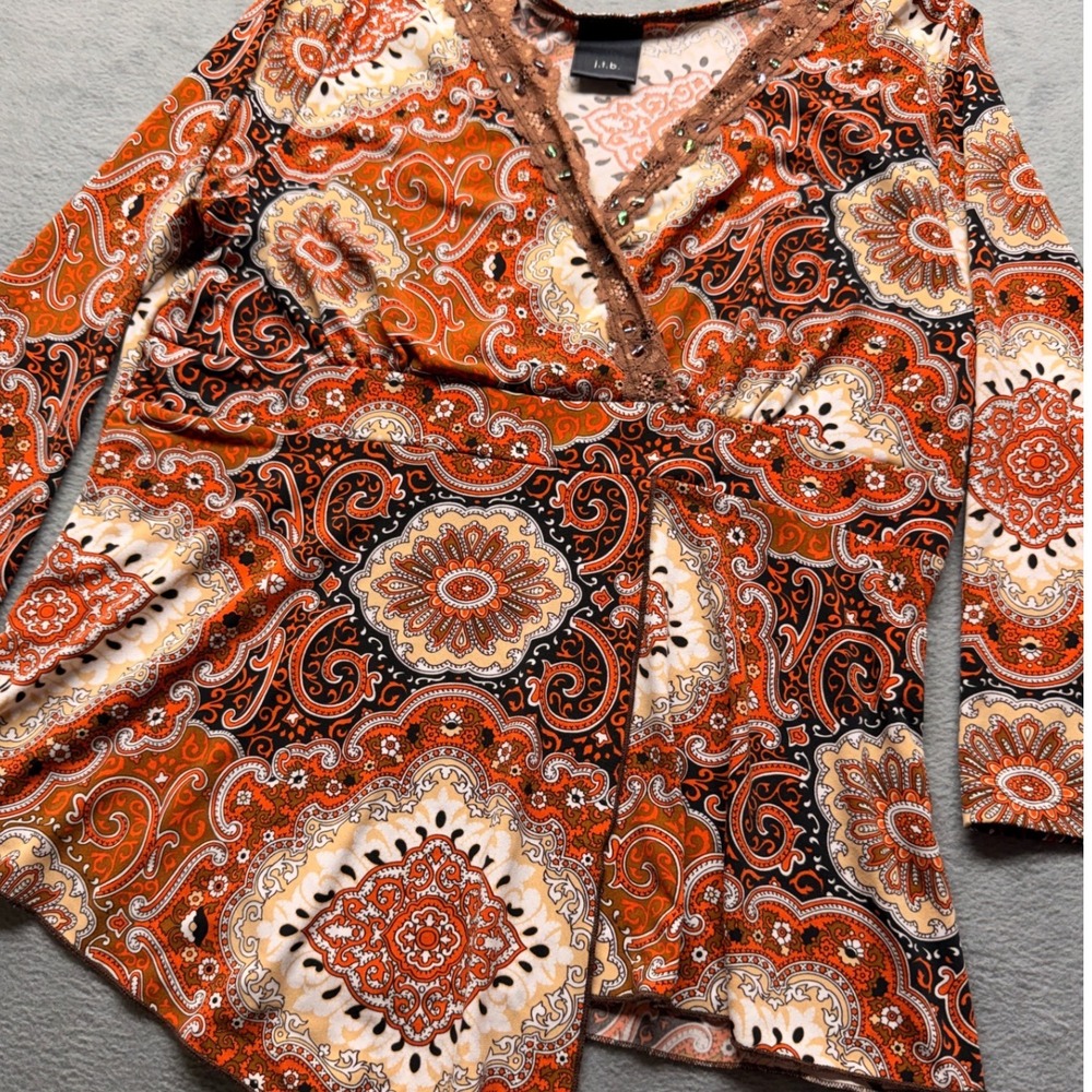 J.T.B. Beaded Orange Paisley Medallion Lace Trim Asymmetric Wrap Top Size M - Picture 2 of 8